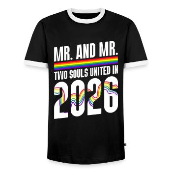 M. et M. 2026 Mariage de la Gay Pride Mariage gay - T-shirt contrasté Homme - noir/blanc - Devant - AI Model Female 172 light (172cm) & AI Model Male 178 light (178cm)