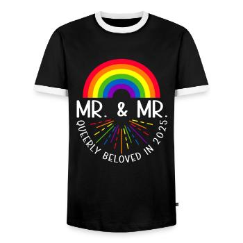 Mr. & Mr. 2025 Gay Pride Hochzeit Homo-Ehe - Männer Kontrast-T-Shirt - Schwarz/Weiß - Vorne - AI Model Female 172 light (172cm) & AI Model Male 178 light (178cm)