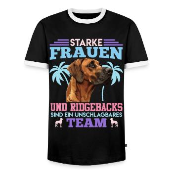 Ridgeback Hund STARKE FRAUEN UND RIDGEBACKS TEAM - Männer Kontrast-T-Shirt - Schwarz/Weiß - Vorne - AI Model Female 172 light (172cm) & AI Model Male 178 light (178cm)