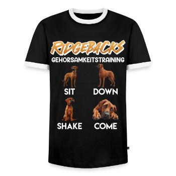 RHODESIAN RIDGEBACK GEHORSAMKEITSTRAINING Lustig - Männer Kontrast-T-Shirt - Schwarz/Weiß - Vorne - AI Model Female 172 light (172cm) & AI Model Male 178 light (178cm)