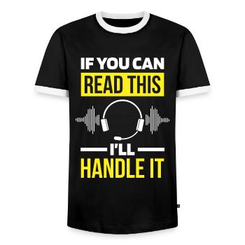Emergency Call Control Center Operations Center - Men's Ringer Shirt - black/white - Front - AI Model Female 172 light (172cm) & AI Model Male 178 light (178cm)