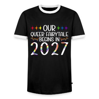 Queer Fairytale 2027 Wedding Gay Marriage - Men's Ringer Shirt - black/white - Front - AI Model Female 172 light (172cm) & AI Model Male 178 light (178cm)