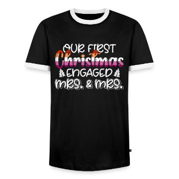 First Christmas Fiancée Wife & Wife Gay Marriage - Men's Ringer Shirt - black/white - Front - AI Model Female 172 light (172cm) & AI Model Male 178 light (178cm)
