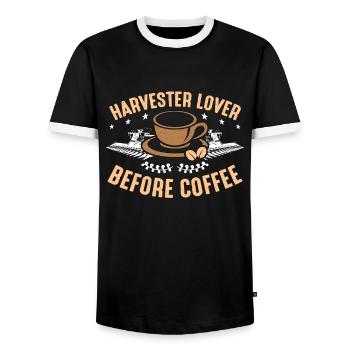 Harvester Lover Before Coffee Farmer Coffee Lover - Men's Ringer Shirt - black/white - Front - AI Model Female 172 light (172cm) & AI Model Male 178 light (178cm)