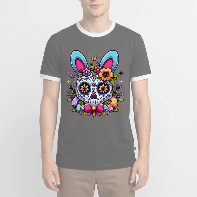 Colorful Sugar Skull Easter Bunny Easter Egg Easter Basket Men's Ringer Shirt
