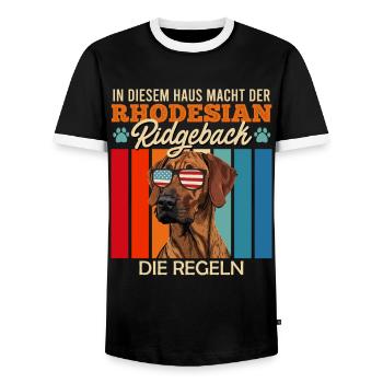 Ridgeback Besitzer HIER MACHT DER RIDGEBACK REGELN - Männer Kontrast-T-Shirt - Schwarz/Weiß - Vorne - AI Model Female 172 light (172cm) & AI Model Male 178 light (178cm)