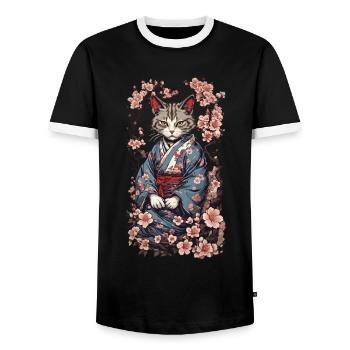 Kimono Chat Esthétique Yokai Streetwear - T-shirt contrasté Homme - noir/blanc - Devant - AI Model Female 172 light (172cm) & AI Model Male 178 light (178cm)