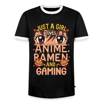 Anime Ramen and Gaming Gamer Anime - Men's Ringer Shirt - black/white - Front - AI Model Female 172 light (172cm) & AI Model Male 178 light (178cm)
