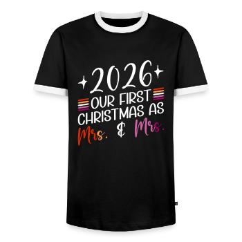 2026 Our first Christmas as Mrs. & Mrs. Homo - Men's Ringer Shirt - black/white - Front - AI Model Female 172 light (172cm) & AI Model Male 178 light (178cm)
