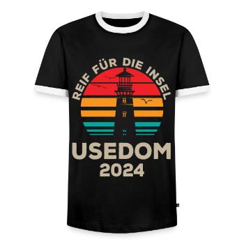 Usedom 2024 Island Ripe Lighthouse Motif - Men's Ringer Shirt - black/white - Front - AI Model Female 172 light (172cm) & AI Model Male 178 light (178cm)