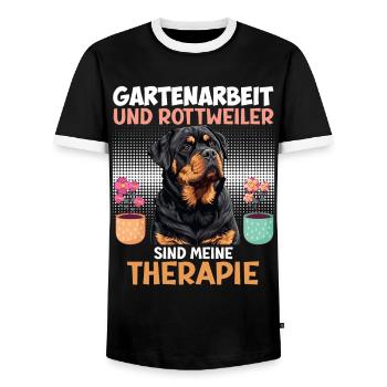 GARTENARBEIT UND ROTTWEILER SIND THERAPIE Rottie - Männer Kontrast-T-Shirt - Schwarz/Weiß - Vorne - AI Model Female 172 light (172cm) & AI Model Male 178 light (178cm)