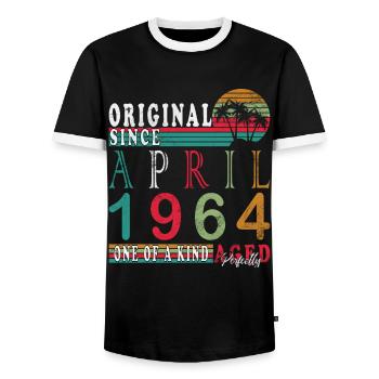 Birthday April 1964 April born in April 1964 - Men's Ringer Shirt - black/white - Front - AI Model Female 172 light (172cm) & AI Model Male 178 light (178cm)