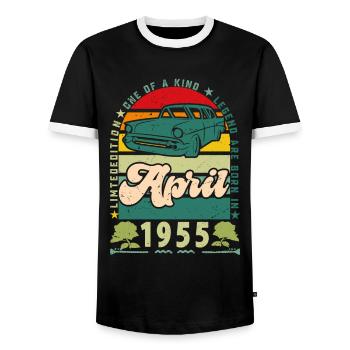 April 1955, April 1955, April 1955. - Men's Ringer Shirt - black/white - Front - AI Model Female 172 light (172cm) & AI Model Male 178 light (178cm)