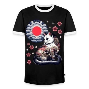 Floral Japanese Kitten Retro Cute Flower Sunset - Männer Kontrast-T-Shirt - Schwarz/Weiß - Vorne - AI Model Female 172 light (172cm) & AI Model Male 178 light (178cm)