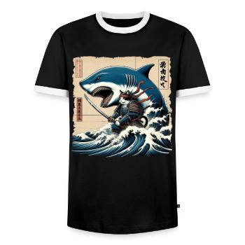 Shark Fisherman Japanese Wave Art Fishing - Men's Ringer Shirt - black/white - Front - AI Model Female 172 light (172cm) & AI Model Male 178 light (178cm)