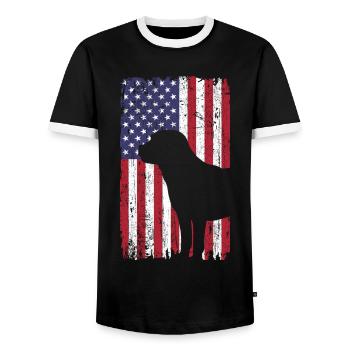 Chien Labrador Retriever avec drapeau des États-Unis - T-shirt contrasté Homme - noir/blanc - Devant - AI Model Female 172 light (172cm) & AI Model Male 178 light (178cm)