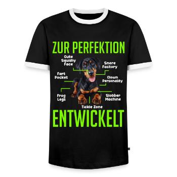 Dobermänner ZUR PERFEKTION ENTWICKELT Lustiges - Männer Kontrast-T-Shirt - Schwarz/Weiß - Vorne - AI Model Female 172 light (172cm) & AI Model Male 178 light (178cm)