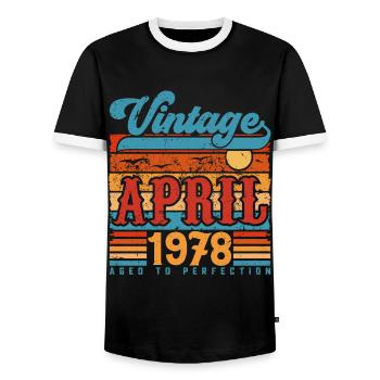April 1978, April 1978 Vintage Jubiläumsgeschenk - Männer Kontrast-T-Shirt - Schwarz/Weiß - Vorne - AI Model Female 172 light (172cm) & AI Model Male 178 light (178cm)