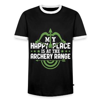 Happy Place Archery Range - Archer Bow - Men's Ringer Shirt - black/white - Front - AI Model Female 172 light (172cm) & AI Model Male 178 light (178cm)