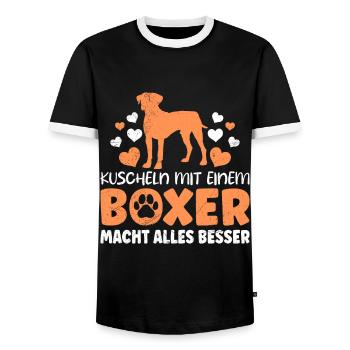 Hundebesitzer KUSCHELN MIT EINEM BOXER Sweet - Männer Kontrast-T-Shirt - Schwarz/Weiß - Vorne - AI Model Female 172 light (172cm) & AI Model Male 178 light (178cm)