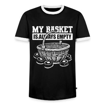 Ice Hockey Goalkeeper Goalkeeper Puck - Men's Ringer Shirt - black/white - Front - AI Model Female 172 light (172cm) & AI Model Male 178 light (178cm)