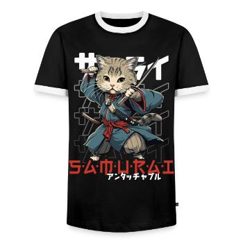 Chat Samouraï Chat Ninja Japonais Kawaii - T-shirt contrasté Homme - noir/blanc - Devant - AI Model Female 172 light (172cm) & AI Model Male 178 light (178cm)