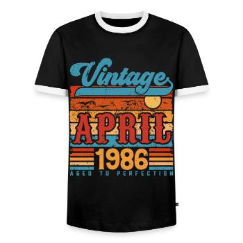 April 1986, April 1986 Vintage Jubiläumsgeschenk - Männer Kontrast-T-Shirt - Schwarz/Weiß - Vorne - AI Model Female 172 light (172cm) & AI Model Male 178 light (178cm)