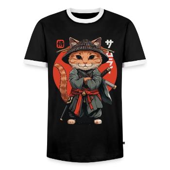 Chat Samouraï Chat Ninja Japonais Kawaii - T-shirt contrasté Homme - noir/blanc - Devant - AI Model Female 172 light (172cm) & AI Model Male 178 light (178cm)