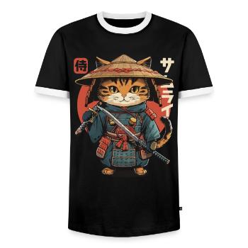 Chat Samouraï Chat Ninja Japonais Kawaii - T-shirt contrasté Homme - noir/blanc - Devant - AI Model Female 172 light (172cm) & AI Model Male 178 light (178cm)