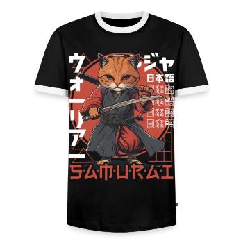 Samurai Cat Kawaii Japanese Ninja Cat - Men's Ringer Shirt - black/white - Front - AI Model Female 172 light (172cm) & AI Model Male 178 light (178cm)