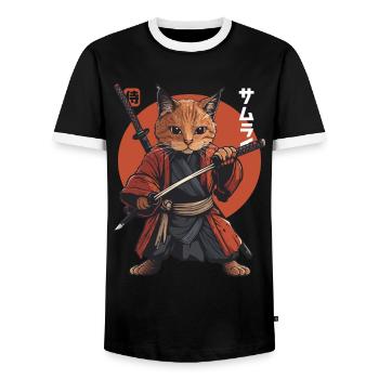 Samurai Cat Kawaii Japanese Ninja Cat - Men's Ringer Shirt - black/white - Front - AI Model Female 172 light (172cm) & AI Model Male 178 light (178cm)