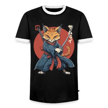 Chat Samouraï Chat Ninja Japonais Kawaii - T-shirt contrasté Homme - noir/blanc - Devant - AI Model Female 172 light (172cm) & AI Model Male 178 light (178cm)
