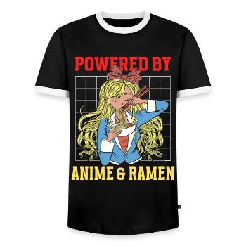 Powered By Anime & Ramen - Men's Ringer Shirt - black/white - Front - AI Model Female 172 light (172cm) & AI Model Male 178 light (178cm)