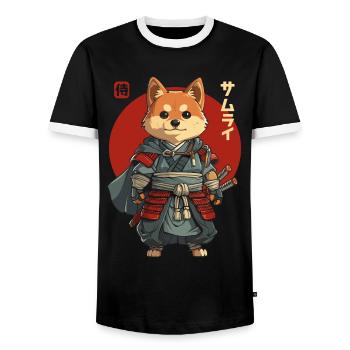 Samurai Dog Kawaii Japanese Ninja Shiba Inu - Men's Ringer Shirt - black/white - Front - AI Model Female 172 light (172cm) & AI Model Male 178 light (178cm)