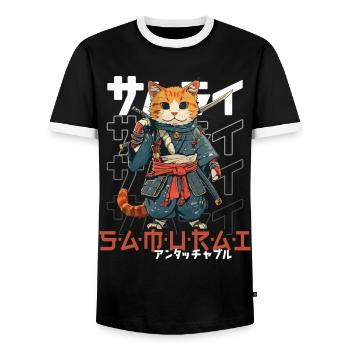 Samurai Cat Kawaii Japanese Ninja Cat - Men's Ringer Shirt - black/white - Front - AI Model Female 172 light (172cm) & AI Model Male 178 light (178cm)