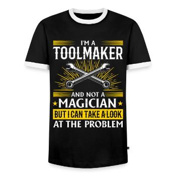 Tool Mechanic - Not a Magician, Just a Genius - Men's Ringer Shirt - black/white - Front - AI Model Female 172 light (172cm) & AI Model Male 178 light (178cm)