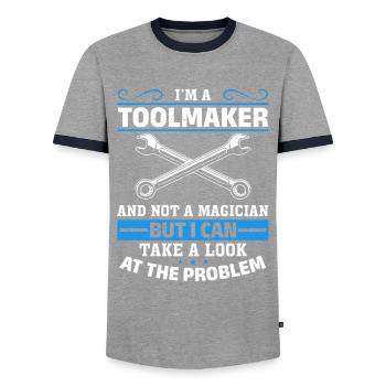 Mécanicien d’outils - Pas un magicien, juste un génie - T-shirt contrasté Homme - gris/marine  - Devant - AI Model Female 172 light (172cm) & AI Model Male 178 light (178cm)