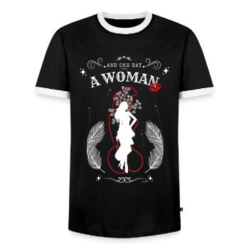 And one day, a woman! - White model - Men's Ringer Shirt - black/white - Front - AI Model Female 172 light (172cm) & AI Model Male 178 light (178cm)