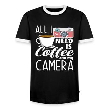Photographer, Photographer, Coffee, Camera - Men's Ringer Shirt - black/white - Front - AI Model Female 172 light (172cm) & AI Model Male 178 light (178cm)
