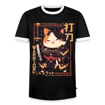 Samurai Cat Kawaii Japanese Ninja Cat - Men's Ringer Shirt - black/white - Front - AI Model Female 172 light (172cm) & AI Model Male 178 light (178cm)