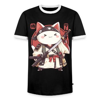 Samurai Cat Kawaii Japanische Ninja Cat - Männer Kontrast-T-Shirt - Schwarz/Weiß - Vorne - AI Model Female 172 light (172cm) & AI Model Male 178 light (178cm)