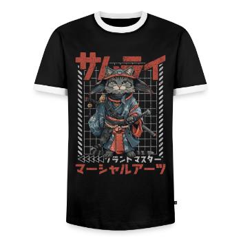 Samurai Cat Kawaii Japanese Ninja Cat - Men's Ringer Shirt - black/white - Front - AI Model Female 172 light (172cm) & AI Model Male 178 light (178cm)