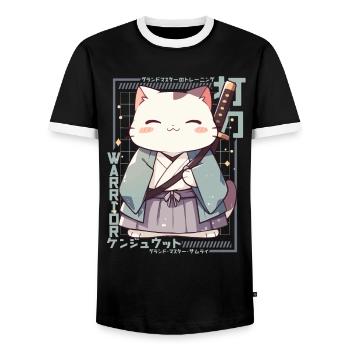 Samurai Cat Kawaii Japanese Ninja Cat - Men's Ringer Shirt - black/white - Front - AI Model Female 172 light (172cm) & AI Model Male 178 light (178cm)