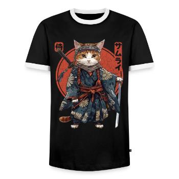 Chat samouraï Kawaii Chat ninja japonais - T-shirt contrasté Homme - noir/blanc - Devant - AI Model Female 172 light (172cm) & AI Model Male 178 light (178cm)