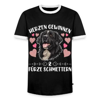 Neufundländer HERZEN GEWINNEN FÜRZE SCHMETTERN - Männer Kontrast-T-Shirt - Schwarz/Weiß - Vorne - AI Model Female 172 light (172cm) & AI Model Male 178 light (178cm)