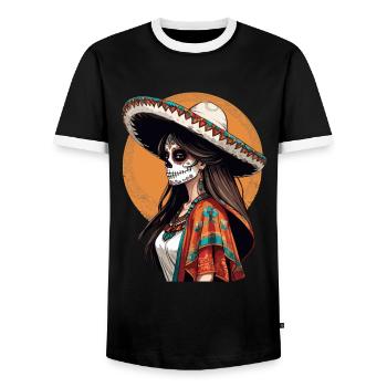 Iconic Sugar Skull Mexican Girl - Men's Ringer Shirt - black/white - Front - AI Model Female 172 light (172cm) & AI Model Male 178 light (178cm)