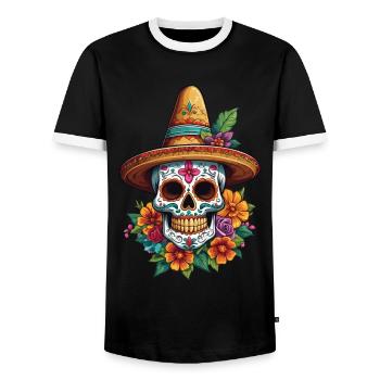 Iconic Sugar Skull Mexico Skull Streetwear - Men's Ringer Shirt - black/white - Front - AI Model Female 172 light (172cm) & AI Model Male 178 light (178cm)