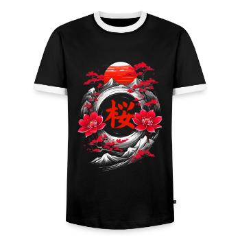 Cerisier japon mountains en fleurs - T-shirt contrasté Homme - noir/blanc - Devant - AI Model Female 172 light (172cm) & AI Model Male 178 light (178cm)
