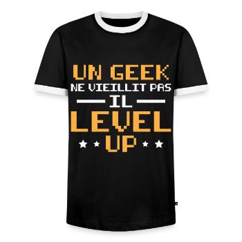 Ein Geek wird nicht alt, er steigt auf - Männer Kontrast-T-Shirt - Schwarz/Weiß - Vorne - AI Model Female 172 light (172cm) & AI Model Male 178 light (178cm)
