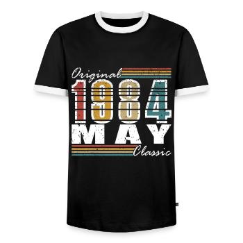 Vintage May 1984 May 1984 Vintage May 1984 - Men's Ringer Shirt - black/white - Front - AI Model Female 172 light (172cm) & AI Model Male 178 light (178cm)